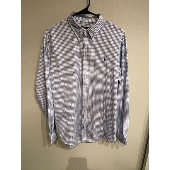 Polo Ralph Lauren Performance Long Sleeve Button Down White Blue Plaid Large - Picture 1 of 7